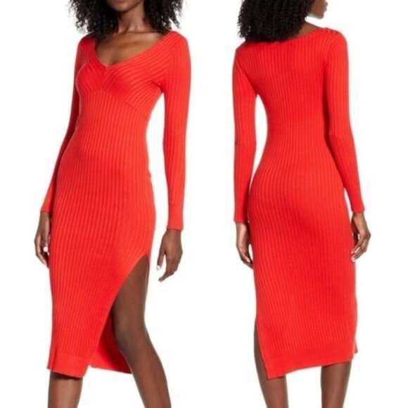🆕 Leith Ribbed V-neck Slit Long Sleeve Midi Dress